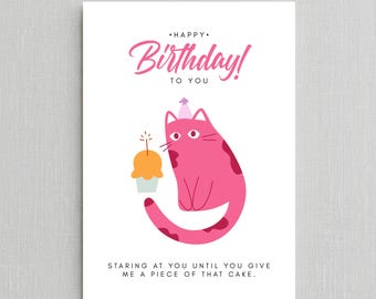 Funny Cat Birthday Card Printable, Cute Cat Lover Greeting Card, Instant Download Birthday Card , Kawaii Pink Cat Cake Card Digital Download