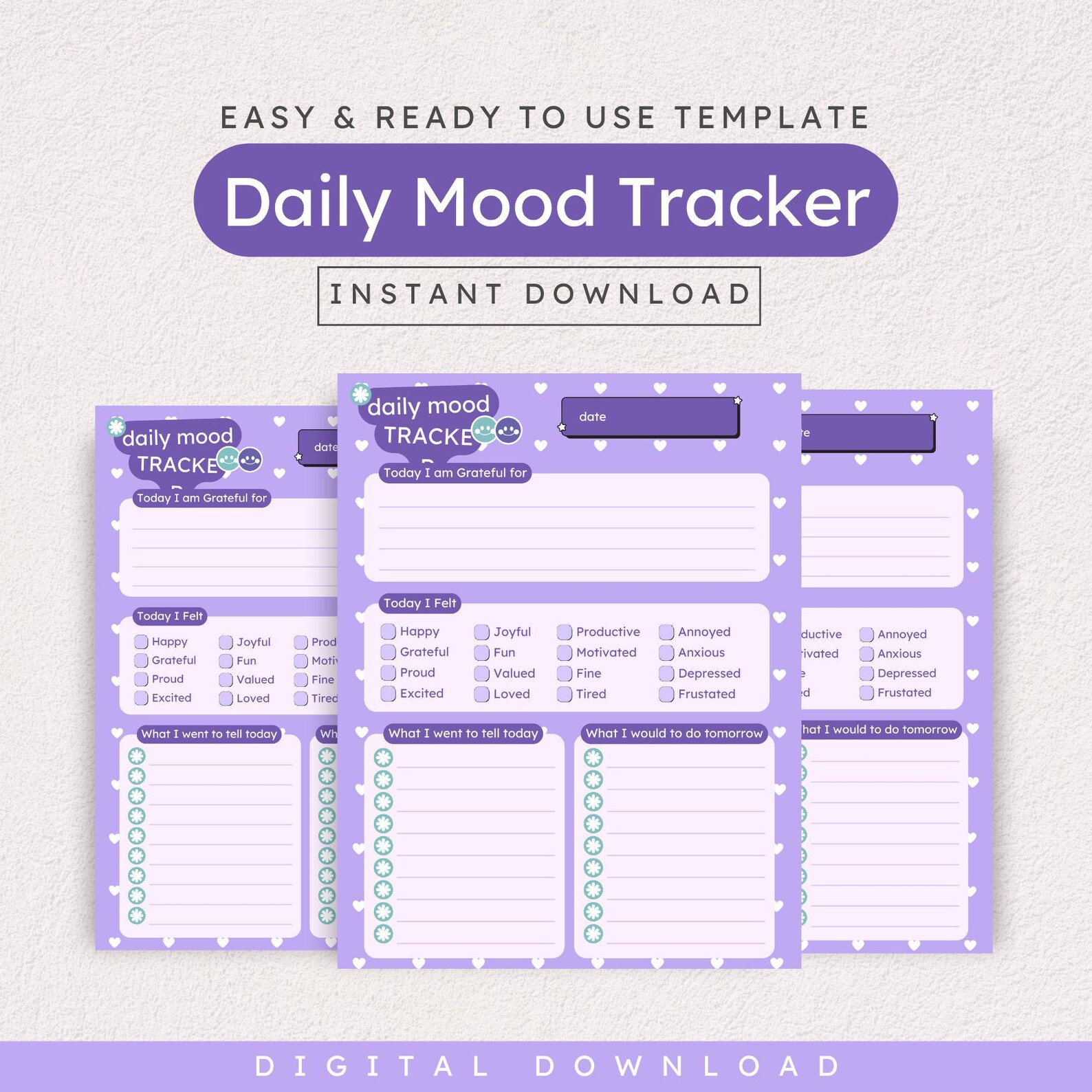 Daily Mood Tracker Printable, Aesthetic Purple