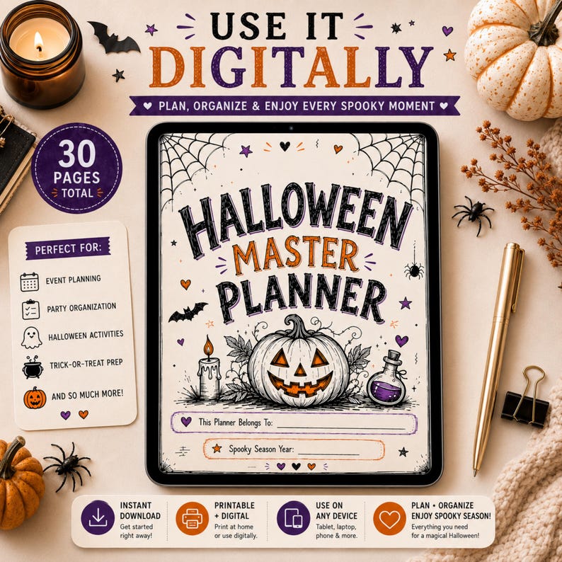 May include: A digital Halloween Master Planner displayed on a tablet screen, featuring a central jack-o'-lantern illustration, spiderwebs, and text. The planner includes sections for owner name and year, surrounded by decorative bats, stars, and hearts.
