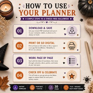May include: An instructional graphic titled HOW TO USE YOUR PLANNER with 4 simple steps for Halloween organization. It features numbered steps for downloading, printing or digital use, working page by page, and checking off tasks, with 30 pages total.