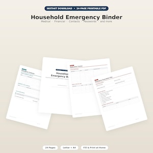 K&ouml;nnte beinhalten: Ein 24-seitiger, ausdruckbarer Haushalts-Notfallordner als PDF mit wei&szlig;en Bl&auml;ttern und schwarzem Text. Sichtbare Seiten umfassen ein Notfallkontaktformular, einen Medikamenten-Tracker und einen Notfall-Evakuierungsplan mit Checklisten und Tabellen.