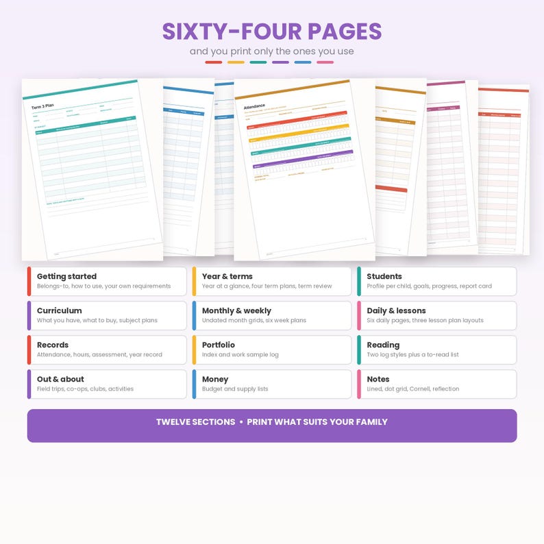 May include: A digital planner set featuring sixty-four pages with twelve distinct sections including curriculum, attendance, and student records. The layout includes various printable templates with colourful headers and organised grids for educational planning and tracking.