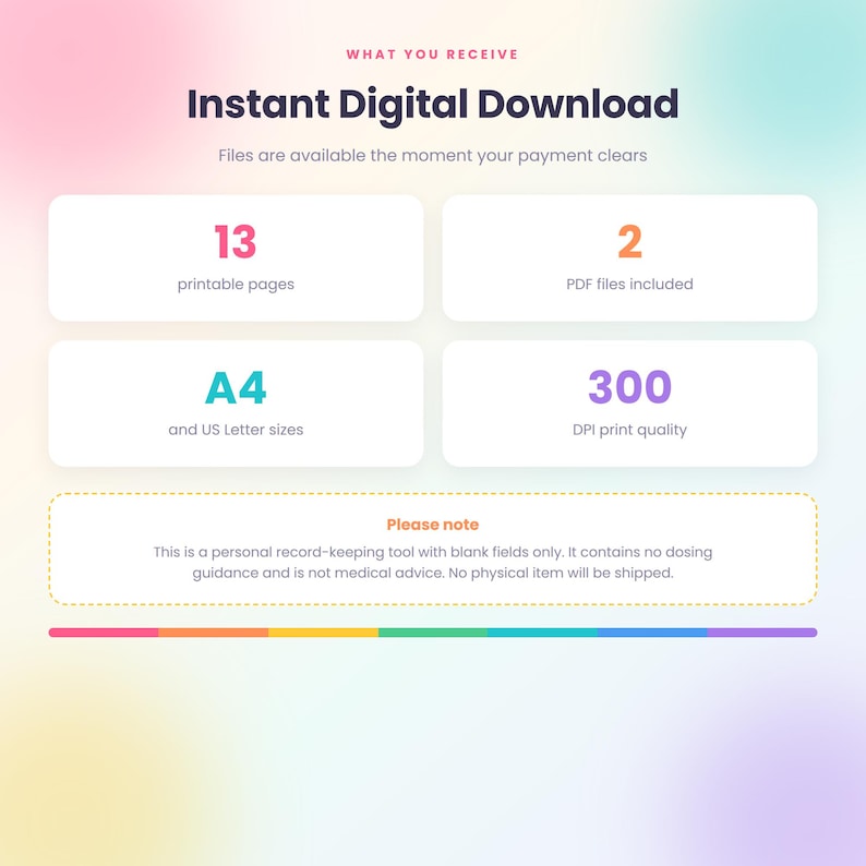Three step guide to the GLP-1 tracker instant download showing buy, download your two PDF files from Etsy, then print at home on A4 or US Letter as many times as you like.Summary of the GLP-1 tracker digital download showing thirteen printable pages, two PDF files, A4 and US Letter sizes and 300 DPI print quality, with a note that it is a blank record keeping tool only.Non-scale victories printable page for a GLP-1 journey with a tick list for clothes fitting differently, stairs feeling easier