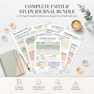 May include: A 15-page printable faith and study journal bundle featuring various worksheets like Bible Reading Tracker, Verse Mapping, and SOAP Bible Study. The pages have pastel-colored sections, floral accents, and text in English on white paper.