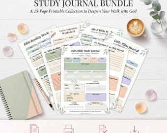 May include: A 15-page printable faith and study journal bundle featuring various worksheets like Bible Reading Tracker, Verse Mapping, and SOAP Bible Study. The pages have pastel-colored sections, floral accents, and text in English on white paper.