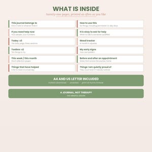 May include: A digital journal layout featuring the text WHAT IS INSIDE and twenty-one pages, printed as often as you like. It lists sections including This journal belongs to, Today x3, Toolbox x2, Mood tracker, and A JOURNAL, NOT THERAPY.
