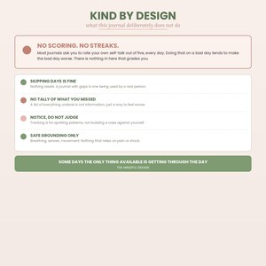 May include: A page titled KIND BY DESIGN with the subtitle what this journal deliberately does not do. It lists principles including NO SCORING. NO STREAKS., SKIPPING DAYS IS FINE, NO TALLY OF WHAT YOU MISSED, NOTICE, DO NOT JUDGE, and SAFE GROUNDING ONLY.