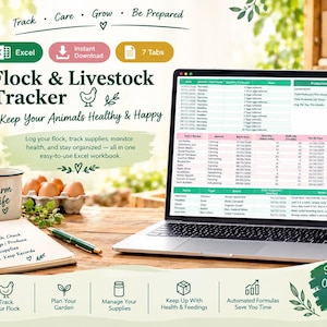 May include: A digital Flock & Livestock Tracker Excel workbook displayed on a laptop screen, featuring tables for animal health, production, and supplies. The image includes a notebook with a checklist, a mug, and icons for tracking farm tasks.