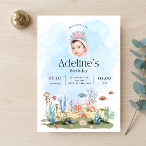 nder the sea birthday invite with photo, watercolor ocean themed birthday invite, editable canva photo invitation template, girl under the sea party card, mermaid birthday invitation with picture, printable 5x7 ocean theme invite, kids splash party mobile text evite, watercolor sea creatures card template, first birthday under the sea photo, jellyfish and coral birthday invite, custom picture birthday invitation girl, instant download ocean template link, childrens pool party photo invitation