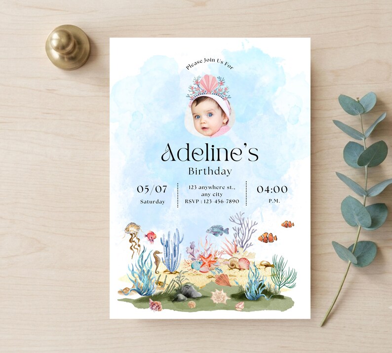 nder the sea birthday invite with photo, watercolor ocean themed birthday invite, editable canva photo invitation template, girl under the sea party card, mermaid birthday invitation with picture, printable 5x7 ocean theme invite, kids splash party mobile text evite, watercolor sea creatures card template, first birthday under the sea photo, jellyfish and coral birthday invite, custom picture birthday invitation girl, instant download ocean template link, childrens pool party photo invitation