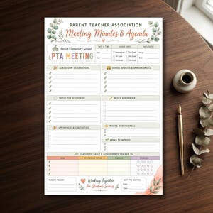 printable pta meeting minutes and agenda template, school parent teacher association meeting planner, editable classroom goals and achievements tracker, organized meeting agenda for school pta, pta board meeting minutes printable template, school volunteer committee meeting organizer, 5x7.5 pta meeting minutes and agenda sheet, parent teacher association meeting notes organizer, easy to use meeting agenda for school pta, professional school meeting form,  digital download pta planner 5x7.5
