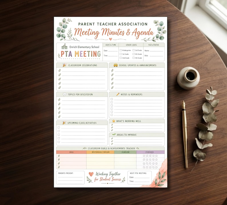 printable pta meeting minutes and agenda template, school parent teacher association meeting planner, editable classroom goals and achievements tracker, organized meeting agenda for school pta, pta board meeting minutes printable template, school volunteer committee meeting organizer, 5x7.5 pta meeting minutes and agenda sheet, parent teacher association meeting notes organizer, easy to use meeting agenda for school pta, professional school meeting form,  digital download pta planner 5x7.5