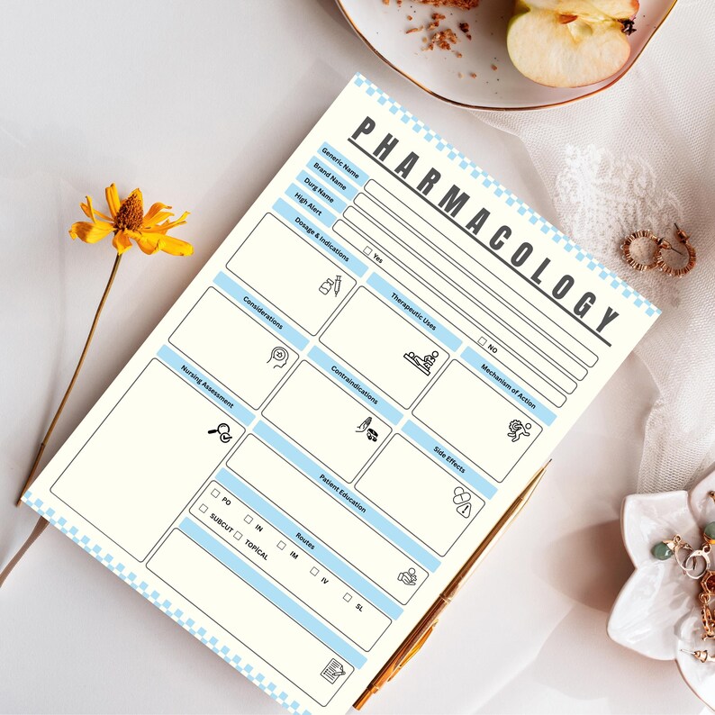 May include: A pharmacology study sheet printed on white paper with light blue headers and a checkered border. The form includes sections for generic name, brand name, drug name, high alert, dosage, indications, therapeutic uses, and side effects.