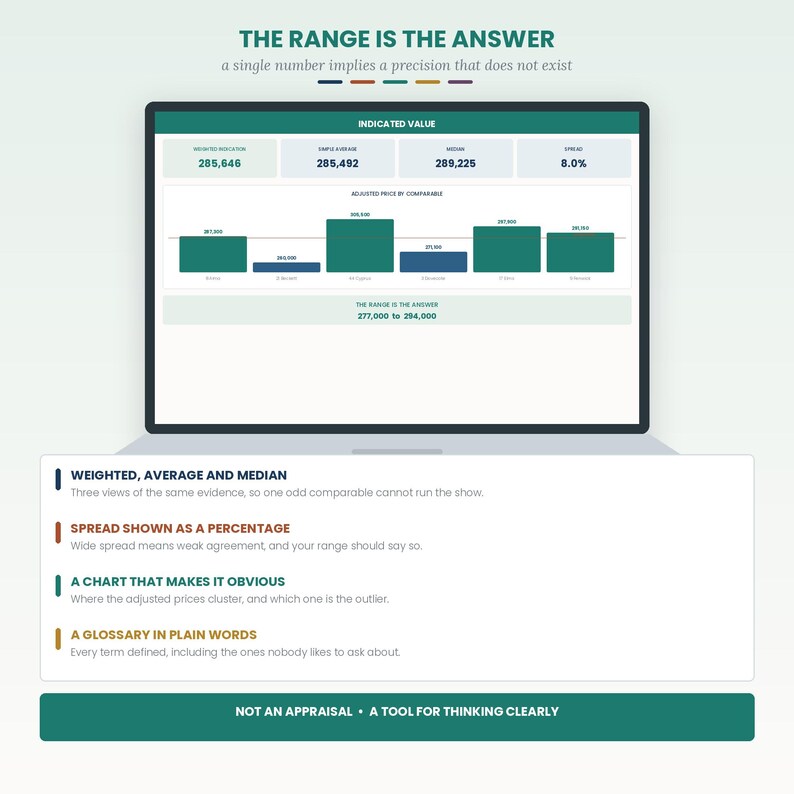 May include: A digital dashboard display titled THE RANGE IS THE ANSWER featuring a bar chart of adjusted prices by comparable, numerical indicators for weighted average and median, and a calculated range of 277,000 to 294,000. Below, text explains the chart components.
