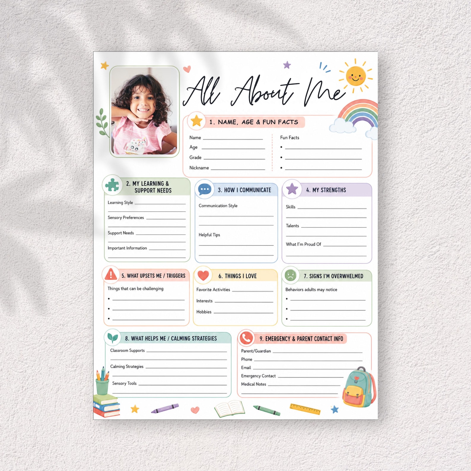 All About Me Printable, Child Teacher Information Sheet