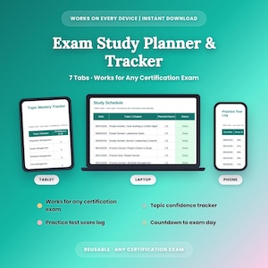 Exam Study Planner Excel Spreadsheet | Certification Exam Tracker PMP Bar Exam NCLEX CPA | Auto Countdown Study Schedule Digital Download