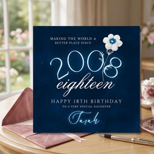 Personalised 18th birthday card for daughter, editable 2008 birth date card, digital download eighteenth birthday, printable neon blue milestone card her, navy blue textured card template, custom name card for teenage daughter, elegant birth year card print at home, square card template for 18th birthday, glowing script happy birthday card template, 2008 milestone birthday card for her, budget friendly last minute daughter card, crochet flower artwork printable card teen,