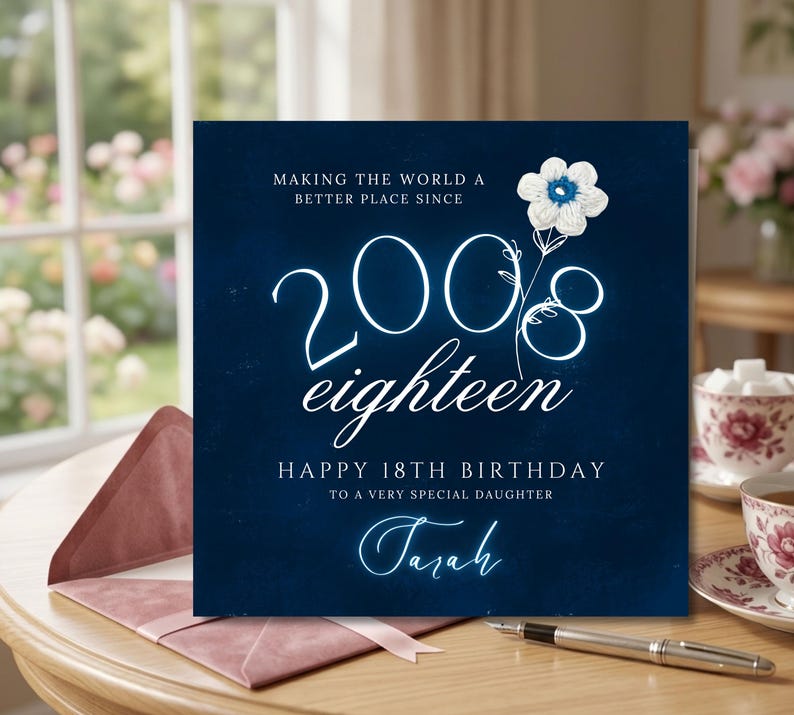 Personalised 18th birthday card for daughter, editable 2008 birth date card, digital download eighteenth birthday, printable neon blue milestone card her, navy blue textured card template, custom name card for teenage daughter, elegant birth year card print at home, square card template for 18th birthday, glowing script happy birthday card template, 2008 milestone birthday card for her, budget friendly last minute daughter card, crochet flower artwork printable card teen,