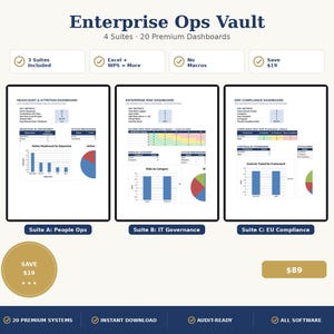 Op de afbeelding: Digitaal product Enterprise Ops Vault met 4 suites en 20 premium dashboards. Bevat dashboards voor personeelsbezetting, risico's en GRC-compliance met grafieken, heatmaps en kerncijfers. Compatibel met Excel en WPS.
