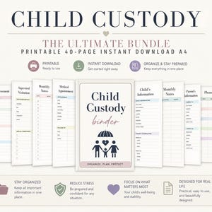 May include: A 40-page printable child custody binder bundle in A4 size. The cover features the text Child Custody binder with an umbrella icon over a family. Includes various document templates like custody agreements, visitation logs, and medical notes.