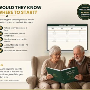 May include: A dark green End of Life Journal binder with white text and line art, featuring a digital workbook display, a list of document categories, and a quote about inheritance. The binder includes 48 pages and 12 sections for organizing personal information, medical details, and final wishes.