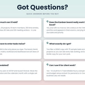 May include: An informational graphic titled Got Questions? Quick answers before you buy, featuring six white rectangular boxes with dark text. Each box contains a question and answer regarding project management software capabilities and usage.