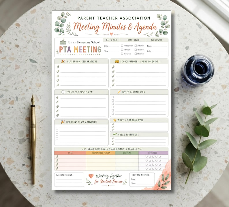 printable pta meeting minutes and agenda template, school parent teacher association meeting planner, editable classroom goals and achievements tracker, organized meeting agenda for school pta, pta board meeting minutes printable template, school volunteer committee meeting organizer, 5x7.5 pta meeting minutes and agenda sheet, parent teacher association meeting notes organizer, easy to use meeting agenda for school pta, professional school meeting form,  digital download pta planner 5x7.5