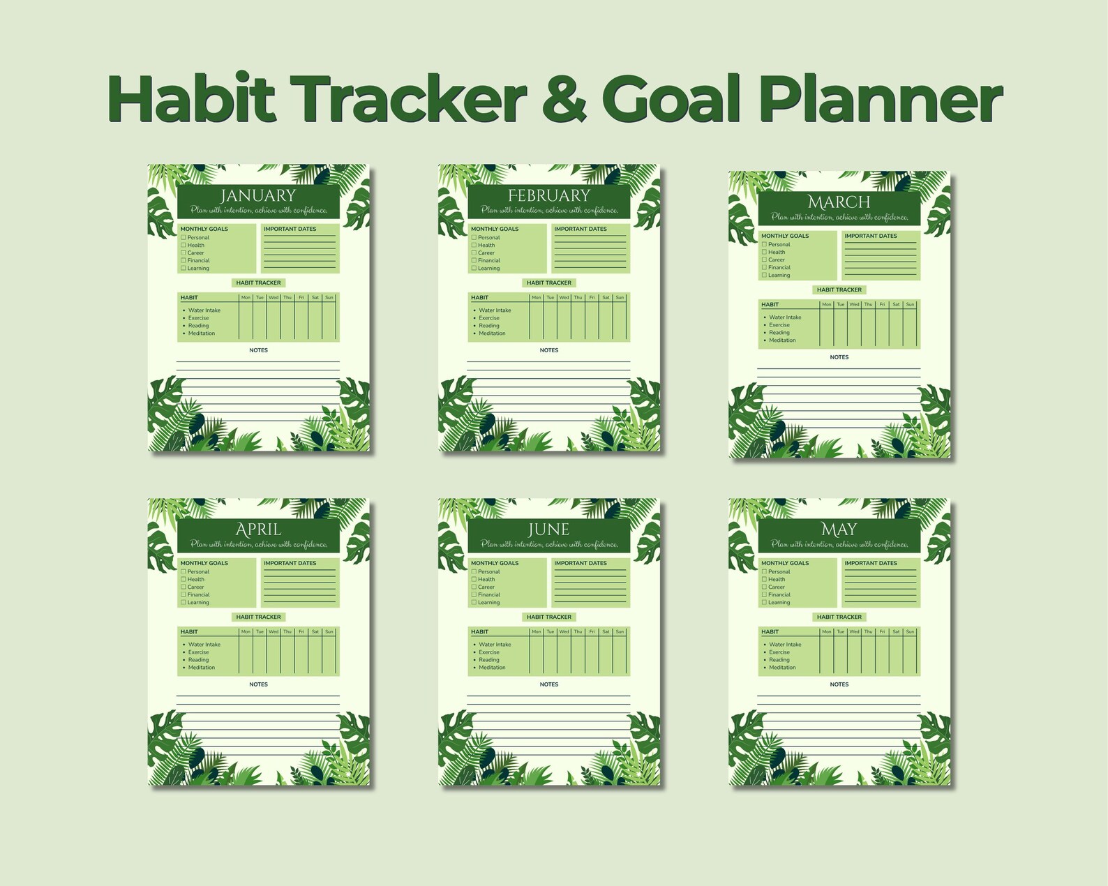 Habit Tracker & Goal Planner, 12-Month Tropical