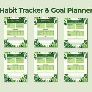 May include: A Habit Tracker & Goal Planner set featuring six individual pages for January through June. Each page includes sections for monthly goals, important dates, a habit tracker grid, and notes, all decorated with green tropical leaf illustrations.
