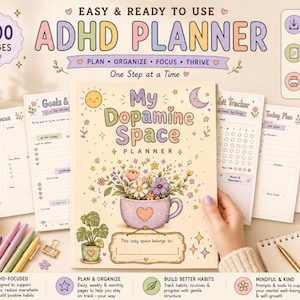 ADHD Planner Printable, Adult ADHD Journal PDF, Daily Weekly Life Planner, Dopamine Space Health Tracker, 200 Page GoodNotes print Planner