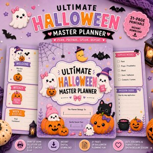 May include: A 31-page printable Ultimate Halloween Master Planner with a purple background featuring cute ghosts, pumpkins, bats, and stars. The cover includes text reading Ultimate Halloween Master Planner and Plan. Prepare. Spook. Repeat. Includes US letter size.