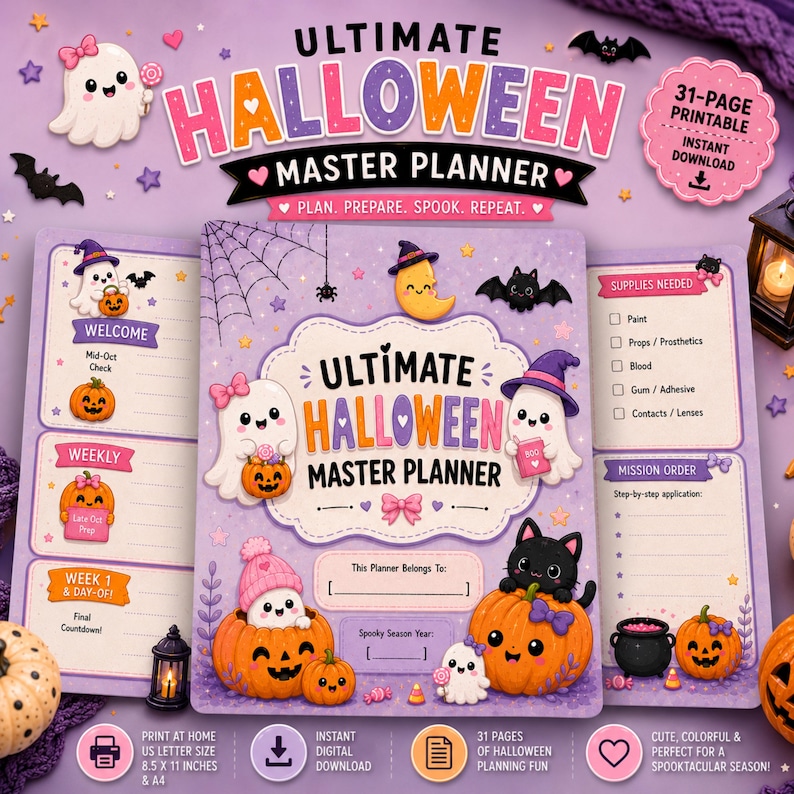 May include: A 31-page printable Ultimate Halloween Master Planner with a purple background featuring cute ghosts, pumpkins, bats, and stars. The cover includes text reading Ultimate Halloween Master Planner and Plan. Prepare. Spook. Repeat. Includes US letter size.