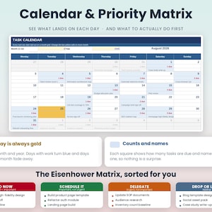 May include: A digital task calendar and priority matrix template titled Calendar & Priority Matrix. The layout includes a monthly grid for August 2026, colour-coded task status indicators, and an Eisenhower Matrix section with four categories.