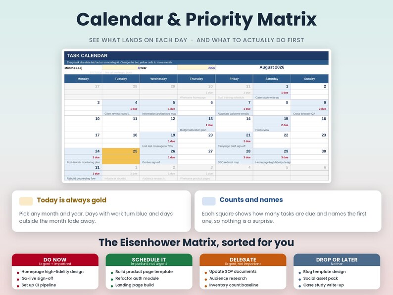 May include: A digital task calendar and priority matrix template titled Calendar & Priority Matrix. The layout includes a monthly grid for August 2026, colour-coded task status indicators, and an Eisenhower Matrix section with four categories.