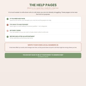 May include: A page titled THE HELP PAGES with the subtitle filled in on a good day, ready for a bad one. It lists sections including IF YOU NEED HELP NOW, IT IS OKAY TO ASK FOR HELP, MY EARLY SIGNS, and BEFORE AND AFTER AN APPOINTMENT.
