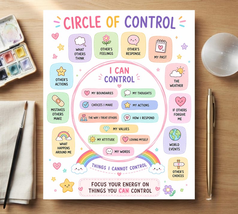 printable circle of control activity sheet 6.4x8

mindfulness tool for anxiety and emotional regulation

social emotional learning resources for kids

therapy office decor circle of control poster

mental health coping skills visual printable

counselor worksheet for stress management

editable circle of control teaching aid

calming visual reminder for self care

educational tools for emotional intelligence

daily mindfulness practice worksheet

printable desk visual for emotional balance