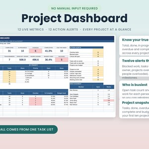 May include: A digital project dashboard interface featuring tables for live metrics, action alerts, and project snapshots. The layout includes columns for tasks, completion rates, and budget usage, with text labels like 'Know your true progress' and 'Project Snapshot' displayed on the right side.