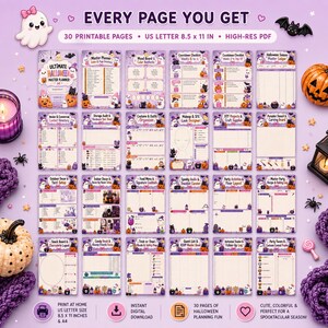 May include: A digital Halloween master planner set featuring 30 printable pages in US Letter 8.5 x 11 inch size. The collection includes various organizational templates decorated with ghosts, pumpkins, and bats in a purple color palette.