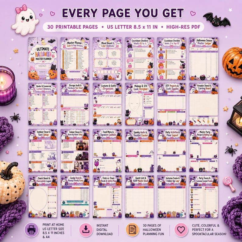 May include: A digital Halloween master planner set featuring 30 printable pages in US Letter 8.5 x 11 inch size. The collection includes various organizational templates decorated with ghosts, pumpkins, and bats in a purple color palette.
