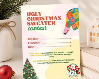 Wettbewerb um den hässlichsten Weihnachtspullover (zum Ausdrucken) | Abstimmungsspiel für die Weihnachtsfeier | Spiel für die Büroweihnachtsfeier | Sofortiger PDF-Download