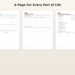 K&ouml;nnte beinhalten: Drei wei&szlig;e, druckbare Planerseiten mit schwarzem Text und dunkelroten oder t&uuml;rkisfarbenen Akzenten. Die Seiten sind betitelt mit A Page For Every Part of Life, Emergency Contacts, Medication Tracker und Emergency Evacuation Plan mit Tabellen.
