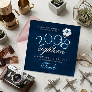 Personalised 18th birthday card for daughter, editable 2008 birth date card, digital download eighteenth birthday, printable neon blue milestone card her, navy blue textured card template, custom name card for teenage daughter, elegant birth year card print at home, square card template for 18th birthday, glowing script happy birthday card template, 2008 milestone birthday card for her, budget friendly last minute daughter card, crochet flower artwork printable card teen,