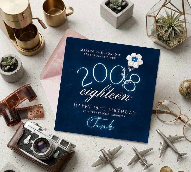 Personalised 18th birthday card for daughter, editable 2008 birth date card, digital download eighteenth birthday, printable neon blue milestone card her, navy blue textured card template, custom name card for teenage daughter, elegant birth year card print at home, square card template for 18th birthday, glowing script happy birthday card template, 2008 milestone birthday card for her, budget friendly last minute daughter card, crochet flower artwork printable card teen,