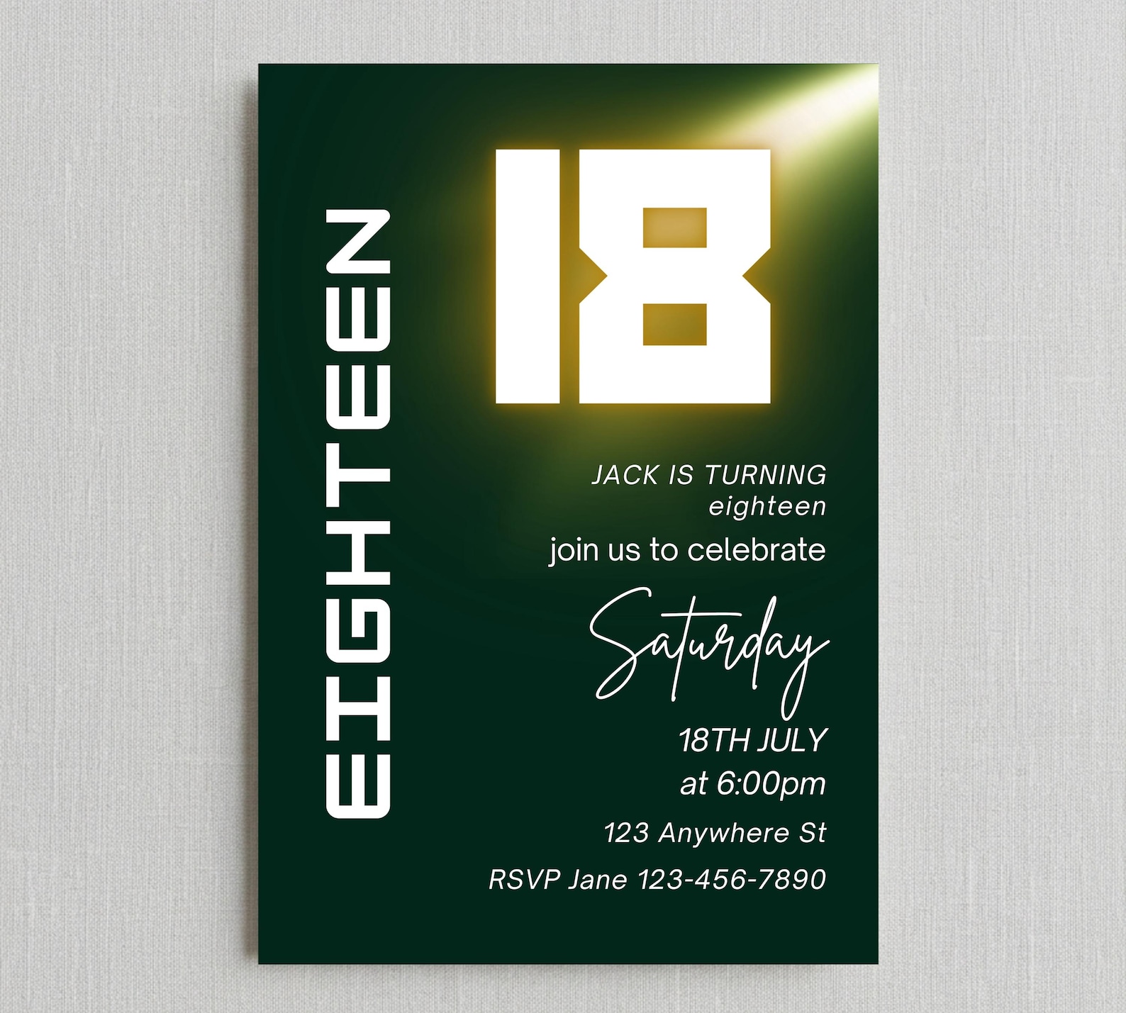 18th Birthday Invitation Template, Gold and Green