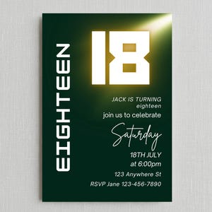 18th Birthday Invitation Template, Gold and Green Glow Party Invite, Editable Modern Eighteenth Birthday Digital Card 5x7 Download