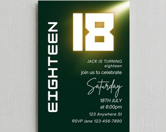 18th Birthday Invitation Template, Gold and Green Glow Party Invite, Editable Modern Eighteenth Birthday Digital Card 5x7 Download