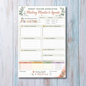 printable pta meeting minutes and agenda template, school parent teacher association meeting planner, editable classroom goals and achievements tracker, organized meeting agenda for school pta, pta board meeting minutes printable template, school volunteer committee meeting organizer, 5x7.5 pta meeting minutes and agenda sheet, parent teacher association meeting notes organizer, easy to use meeting agenda for school pta, professional school meeting form,  digital download pta planner 5x7.5