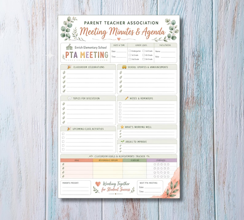 printable pta meeting minutes and agenda template, school parent teacher association meeting planner, editable classroom goals and achievements tracker, organized meeting agenda for school pta, pta board meeting minutes printable template, school volunteer committee meeting organizer, 5x7.5 pta meeting minutes and agenda sheet, parent teacher association meeting notes organizer, easy to use meeting agenda for school pta, professional school meeting form,  digital download pta planner 5x7.5
