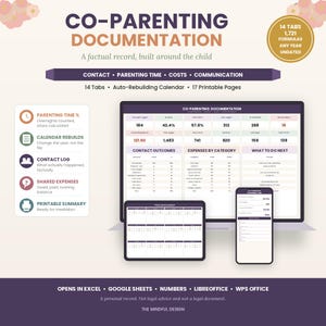 May include: A digital co-parenting documentation system displayed on a laptop, tablet, and smartphone. The interface features data tables for parenting time, expenses, and contact logs. Text includes 14 Tabs, 1,721 Formulas, and 17 Printable Pages.