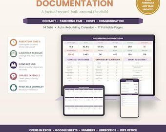 May include: A digital co-parenting documentation system displayed on a laptop, tablet, and smartphone. The interface features data tables for parenting time, expenses, and contact logs. Text includes 14 Tabs, 1,721 Formulas, and 17 Printable Pages.
